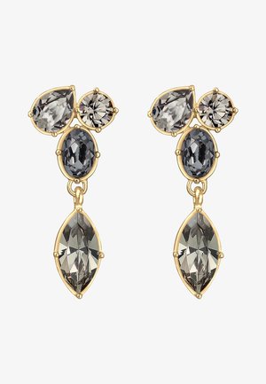 Boucles d'oreilles ton or avec des pierres grises facettées en formes de goutte, ronde, ovale et marquise, disposées en un design superposé et suspendu.