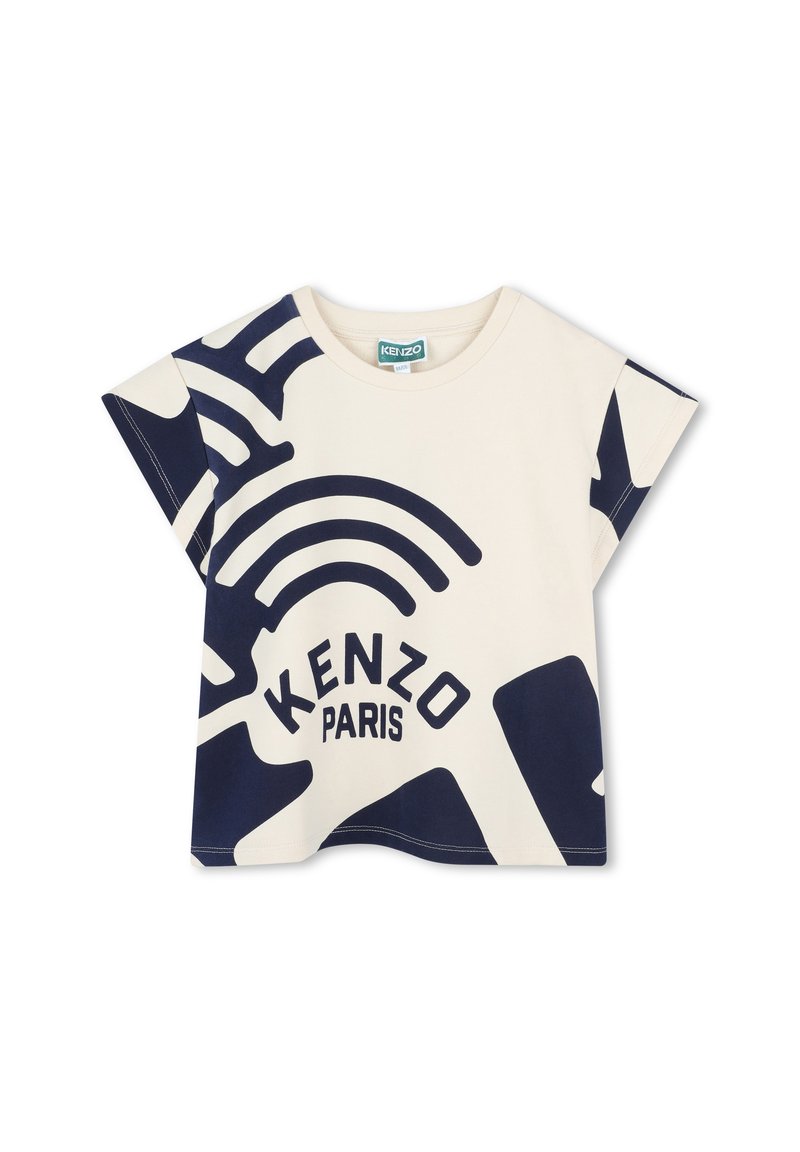 T-shirt beige avec des motifs abstraits navy surdimensionnés et le texte "KENZO PARIS." Manches courtes et coupe décontractée, fabriquée en tissu en coton doux.