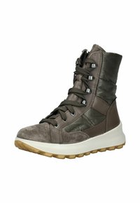 Sneakers alta di colore marrone realizzati con materiali misti, presentano una finitura in suede e pelle, un design testurizzato, chiusura con lacci e suola in gomma.