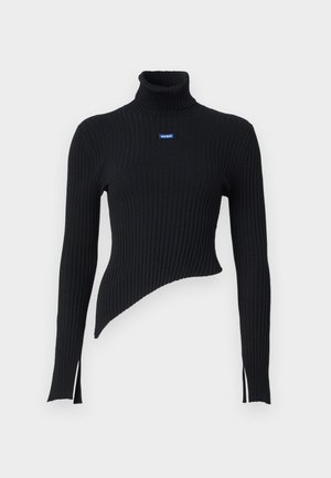 Pulôver preto de gola alta canelado com uma bainha assimétrica e fendas laterais. Apresenta um pequeno logo azul no peito. Feito de material suave.