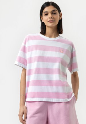 Roze en witte gestreepte T-shirt van katoen, met een relaxte pasvorm, korte mouwen en een kleine oranje geborduurde glimlach.