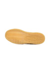 Suela de zapato de goma marrón con un patrón texturizado de espiga y logo de marca, que presenta ranuras y crestas para mayor tracción.