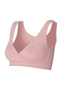 Lys pink ribbet bralette med brede stropper og v-hals design, med en glat tekstur og ingen hardware detaljer.