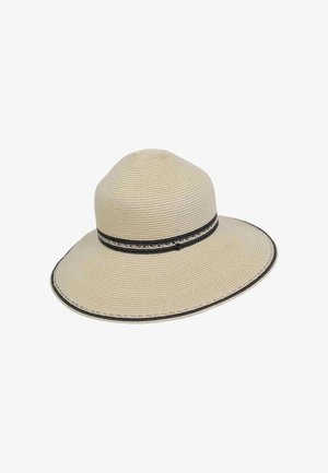 Širok stil s slamnato bež klobukom, s črnim okrasnim trakom z zapletenim čipkastim robom. Gladka tekstura z zaokroženim vrhom.