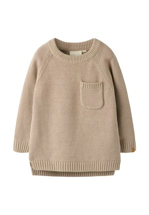 Beige neulottu neulepaita, jossa on pitkät hihat, pyöreä pääntie, pieni rintatasku sekä resorit hihansuissa ja helmassa.