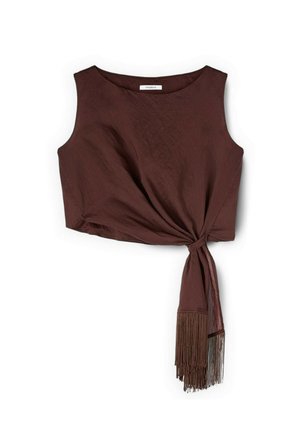 Brązowy, krótki top bez rękawów z okrągłym dekoltem i bocznym węzłem z długimi frędzlami.
