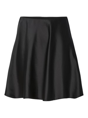 Black satin skirt with a flared design, featuring a smooth texture and a solid color. The waistband is elastic for comfortable fit.
