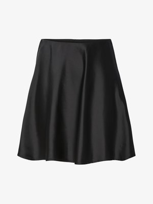 Black satin skirt with a flared design, featuring a smooth texture and a solid color. The waistband is elastic for comfortable fit.