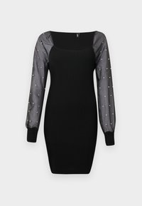 Vestido bodycon preto com textura em relevo, mangas longas transparentes adornadas com pequenas pérolas e punhos ajustados.