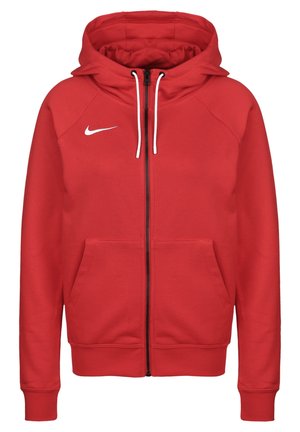 Rode capuchontrui met rits, witte trekkoorden, voorzakken en een kleine witte Nike-swoosh op de linkerborst.