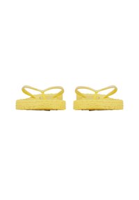 Yellow flip-flops with braided rope soles and thin straps, viewed from the front on a white background.