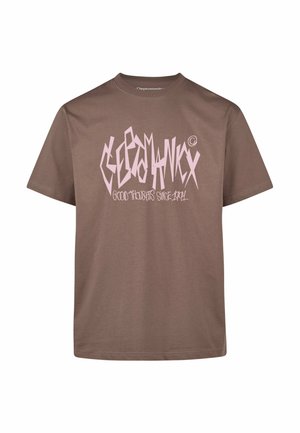 Braunes Baumwoll-T-Shirt mit kurzen Ärmeln, Rundhalsausschnitt und pinkem Grafikoriginaltext "CLEPTOMANIX" und "GOOD THOUGHTS SINCE 1994."
