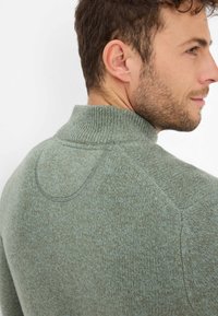 Strickpullover in einem sanften, gedämpften Grünton mit hohem Kragen, gerippten Bündchen und subtiler Textur. Er zeigt ein tailliertes Design und Raglanärmel.