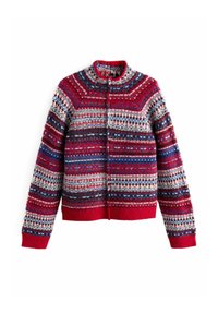 Rot und mehrfarbig gemusterte Strickjacke mit rundem Ausschnitt, langen Ärmeln und Knopfverschluss; versehen mit komplizierten geometrischen Designs.