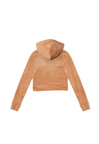 Felpa corta in velluto color pesco con maniche lunghe e cappuccio, caratterizzata da lettere in strass che formano la scritta "Juicy" sul retro.