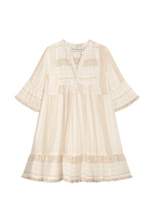 Langärmeliges cremefarbenes Kleid mit vertikalen Streifen, strukturierten Mustern und einem gestuften Rock. Es verfügt über einen V-Ausschnitt und einen Fransenbesatz am Saum.