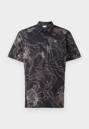 Short-sleeved black shirt with white floral outline pattern, featuring a button-down front and standard collar. Made from lightweight fabric.