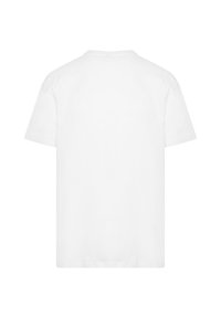 Weißes Baumwoll-T-Shirt mit kurzen Ärmeln, Rundhalsausschnitt und lässiger Passform. Der Stoff wirkt glatt, ohne sichtbare Muster oder Verzierungen.