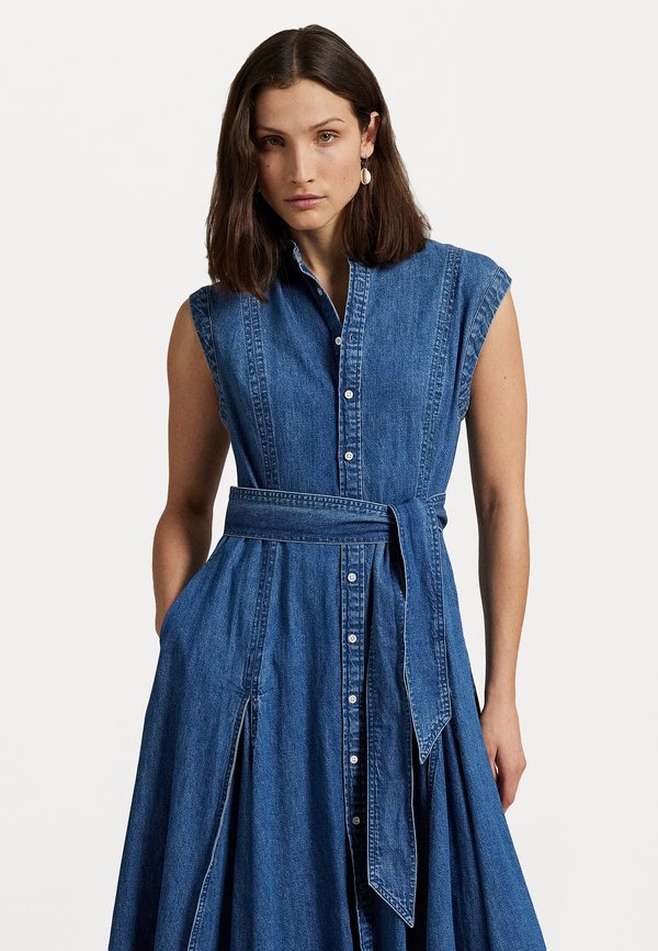 BELTED DENIM SLEEVELESS A-LINE DRESS - Denim dress - indigo