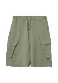 Helles grünes Cargo-Shorts mit elastischem Bund, Kordelzugverschluss und zwei seitlichen Cargo-Taschen. Weicher Stoff mit glatter Textur.