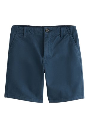 Navyblå bomuldsshorts med frontknap, bæltestropper og sidelommer, designet til afslappet brug.