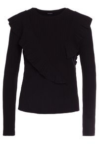 Schwarzes, geripptes Longsleeve-Oberteil mit einem Rüschendetail an der linken Schulter, runden Ausschnitt und figurbetontem Schnitt.