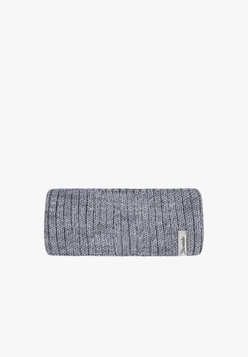 Gray knitted wool headband with a ribbed pattern and small white tag labeled "Sterntaler" on a white background.