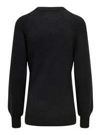 Juodas ilgomis rankovėmis megztinis su gofruotomis apykaklėmis ir apačia, parodytas nugaros pusėje ant baltos fono.