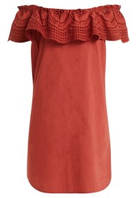 Off-Shoulder-Top aus rostfarbigem Stoff mit einem strukturierten Rüschenausschnitt und subtilen Lochmustern. Gerader Schnitt, leichter Stoff.