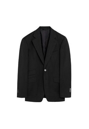 Blazer negro de hombre de un solo botón con solapas con muesca, dos bolsillos delanteros con solapa, un bolsillo en el pecho y puños con botones.
