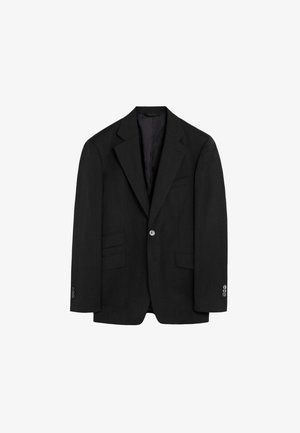 Blazer negro de hombre de un solo botón con solapas con muesca, dos bolsillos delanteros con solapa, un bolsillo en el pecho y puños con botones.
