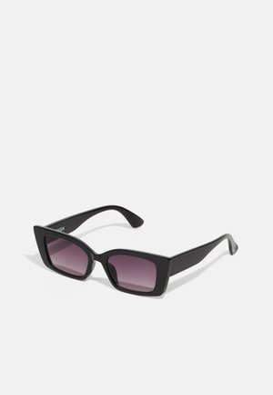 Black rectangular sunglasses with gradient purple lenses, featuring a thick, angular plastic frame and slender black arms.
