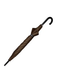 Brun mønstrede paraply med et sort håndtag, der har en slank tekstur og et halvlukket baldakindesign. Inkluderer et logo-bånd.