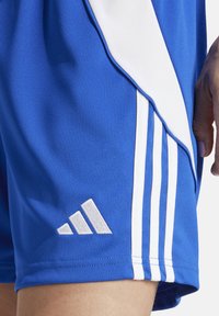 Blaue Sportshorts aus glattem Stoff, mit weißen Seitestreifen und einem dreieckigen weißen Logo nahe dem Saum.