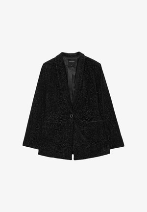 Blazer in velluto nero con un motivo sottile, rever a scelte, chiusura a un bottone e due tasche frontali. Texture liscia e design sartoriale.