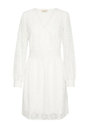 Fehér, V nyakú ruha, hosszú puffos ujjakkal, ráncolt derékkal és hímzett virágmintával. Könnyű anyagból készült.