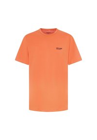 Trumpas rankovėmis marškinėliai ryškiai oranžinės spalvos, pagaminti iš medvilnės, su apvaliu iškirpimu ir mažuoju juodu "PEPE JEANS" logotipu kairėje krūtinės pusėje.