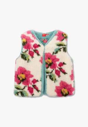 Bloemvest met roze, gele en groene patronen op een witte achtergrond. Beschikt over een zachte textuur en turquoise randen, bevestigd met een knoop.