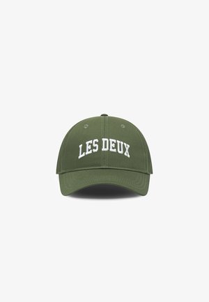 Olive-green baseball cap with white embroidered text "LES DEUX" on the front. Features a curved brim and adjustable back closure.