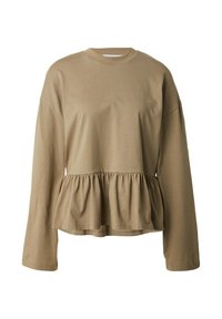 Langärmliges, hellbraunes Shirt mit rundem Ausschnitt, gerafftem Saum und weichem Baumwollmaterial. Verfügt über eine lockere Passform und herunterhängende Schultern.
