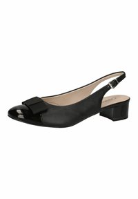 Čierne slingback topánky s lesklou špičkou a dekoračnou mašľou na priehlavku. Majú nízky blokový podpätok a textilný kožený zvršok.