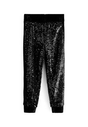Leggings en velours noir recouverts de sequins noirs brillants avec une ceinture élastique et des chevilles ourlées.