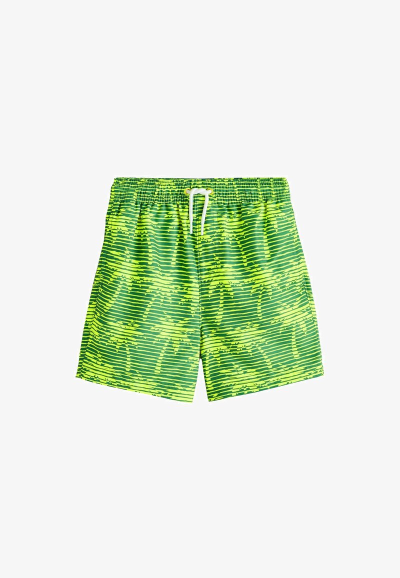 Shorts de bain verts avec un motif rayé et des silhouettes de palmiers, taille élastique et cordon de serrage ajustable.