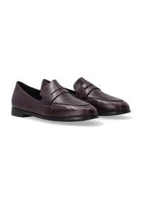 Burgunderfarbene Leder-Loafers mit glatter Textur, abgerundeter Zehenpartie und dekorativem Stickdetail im Obermaterial. Flache Gummisohle für Stabilität.