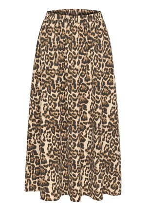 Jupe midi avec taille élastique et motif léopard marron et noir sur tissu beige.