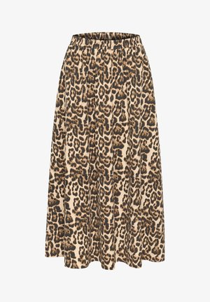 Jupe midi avec taille élastique et motif léopard marron et noir sur tissu beige.