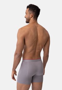 Boxer a trama grigia con una cintura rossa, design aderente e texture liscia, mostrato di spalle su un modello maschile.