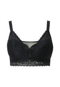 Svart spetsbralett med genomskinliga paneler, vågiga kanter och justerbara axelband. Har en dekorativ rosett i mitten och intrikata blommönster.