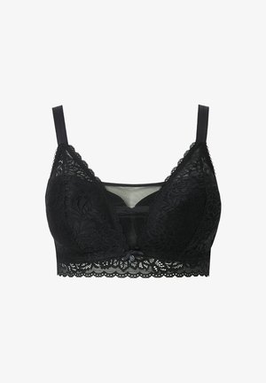 Musta pitsinen bralette läpikuultavilla paneeleilla, sahalaitaisilla reunoilla ja säädettävillä olkaimilla. Keskellä koristeellinen rusetti ja yksityiskohtaiset kukkakuviot.