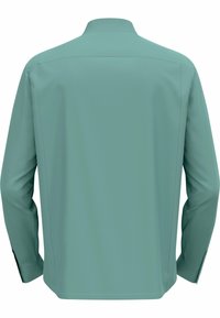 Light green long-sleeve shirt with a stand-up collar, smooth texture, single-button cuffs, and no visible patterns or embellishments.